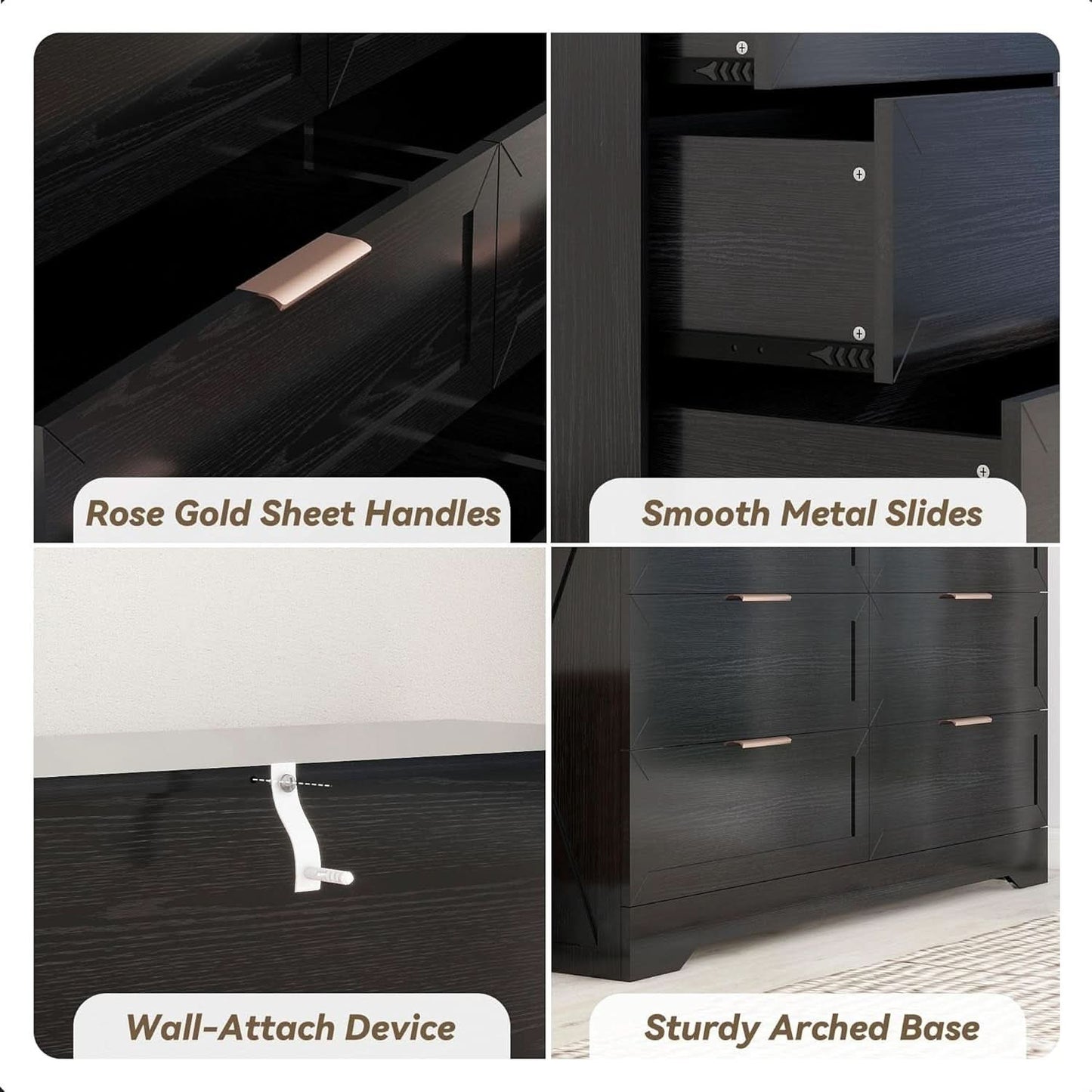 Contemporary Black 6 Drawer Dresser With SoftClosing