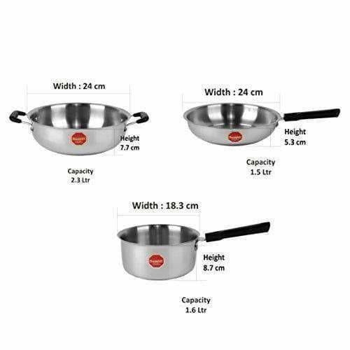 Stainless Steel Induction Cookware Sauce Pan +Kadhai + Fry Pan - Set of 3