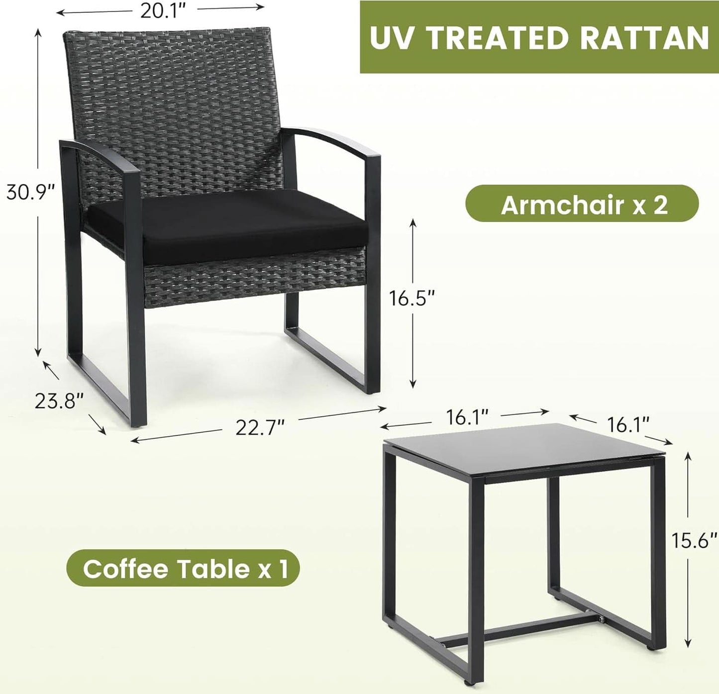 Three Piece Wicker Patio Bistro Set With Coffee Table Black Frame For Balcony Porch And Garden Outdoor