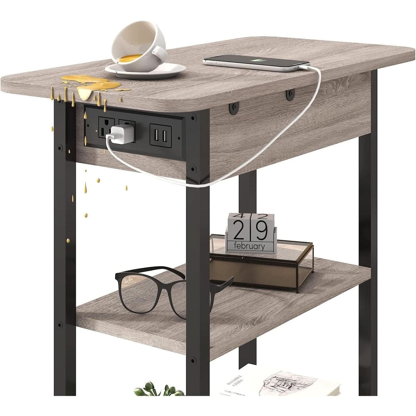 End Table With Vertical Charging Station And USB Outlets Greige