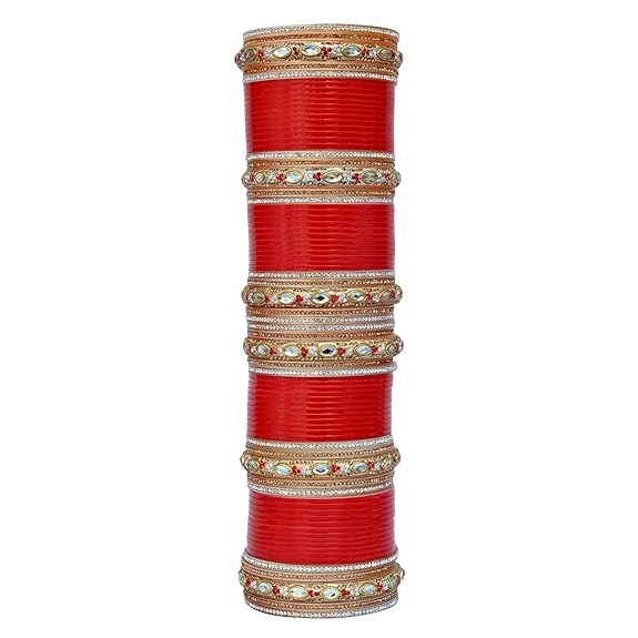 Tehzeeb Creations Bridal Bangle Set Red Golden & White Stone Chura Designer Fashion Choora Punjabi Chuda Set