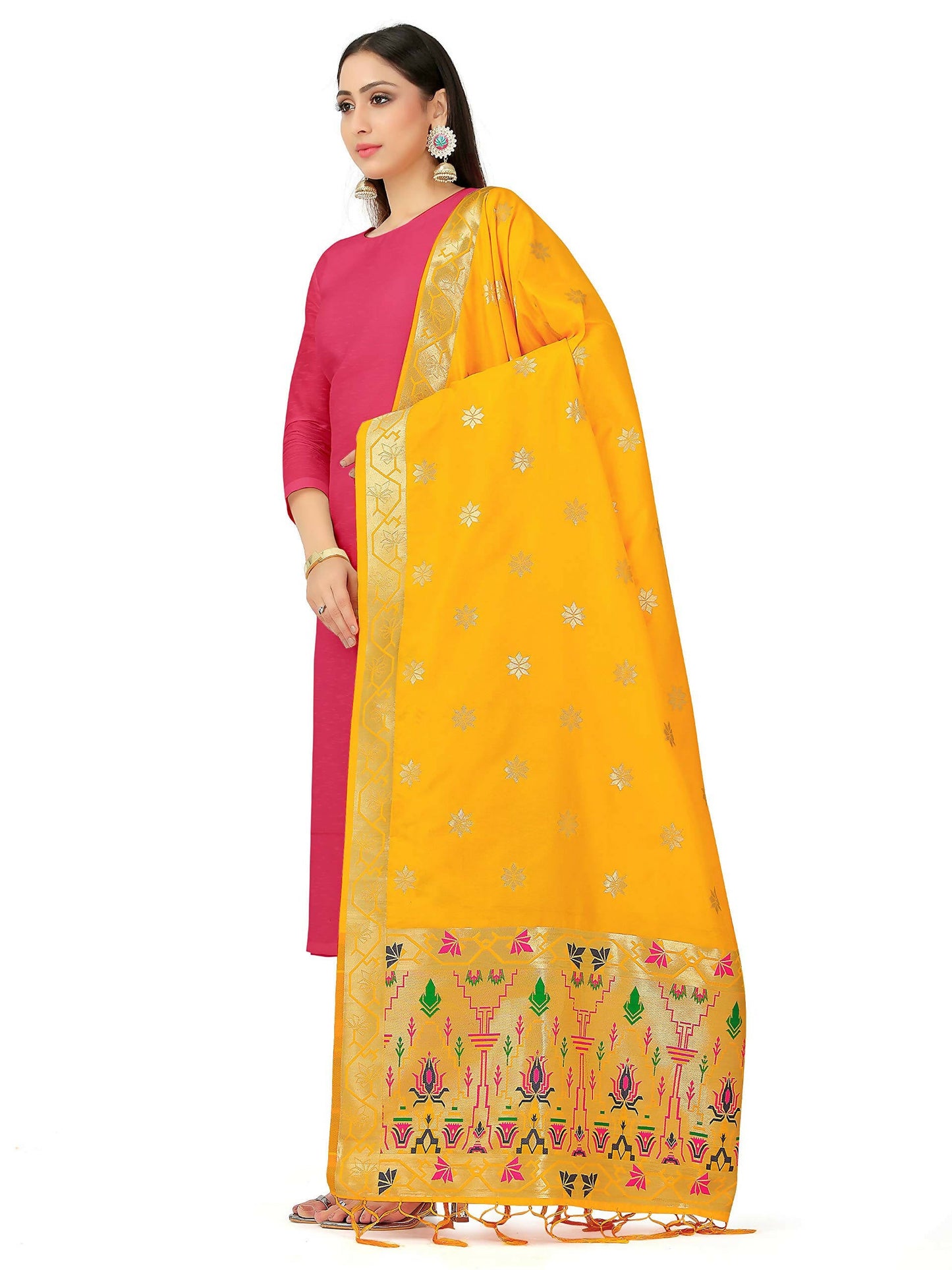 Mimosa Women's Floral Art Silk Gold Dupatta