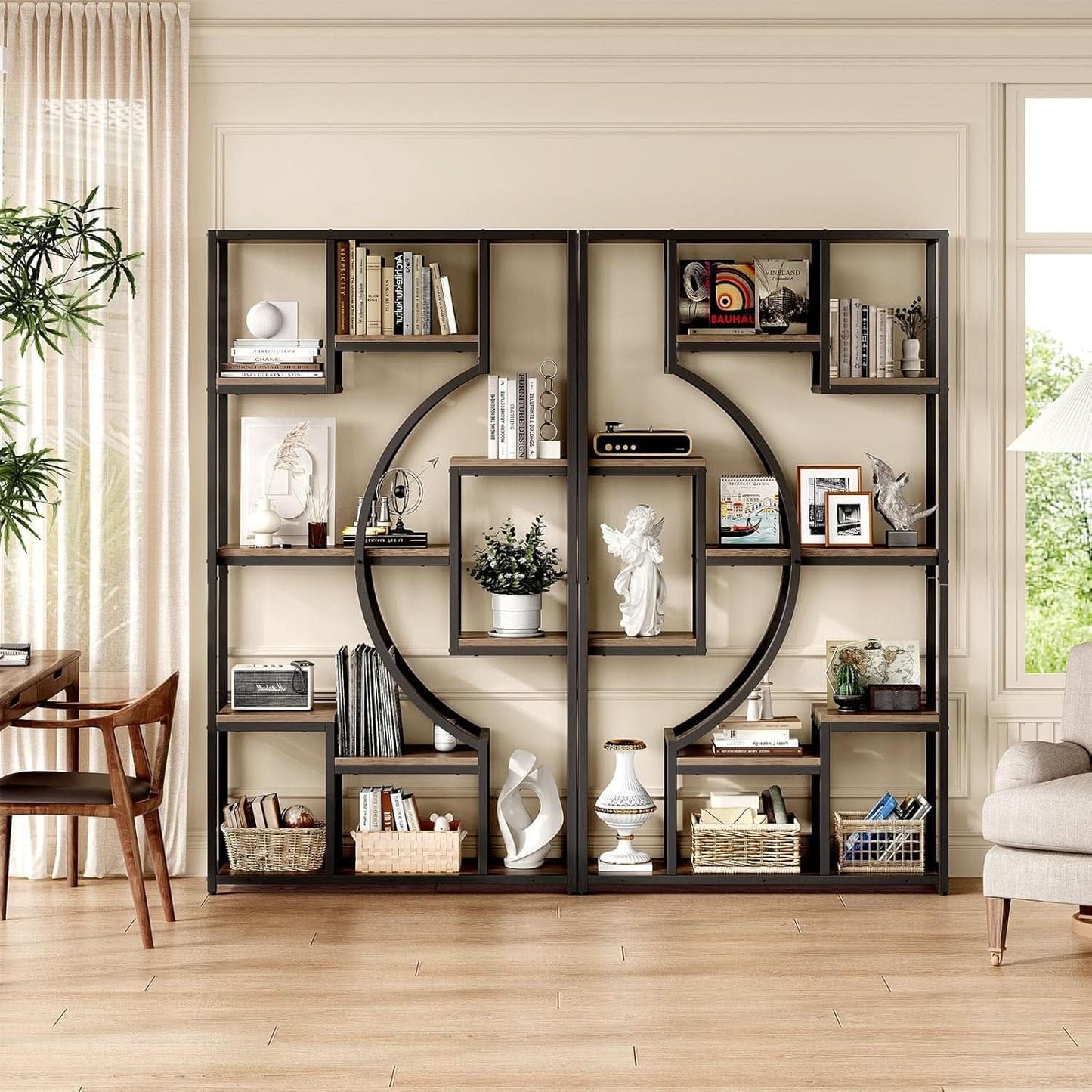 Tall Industrial Bookshelf Set Of 2 Geometric Gray Wash