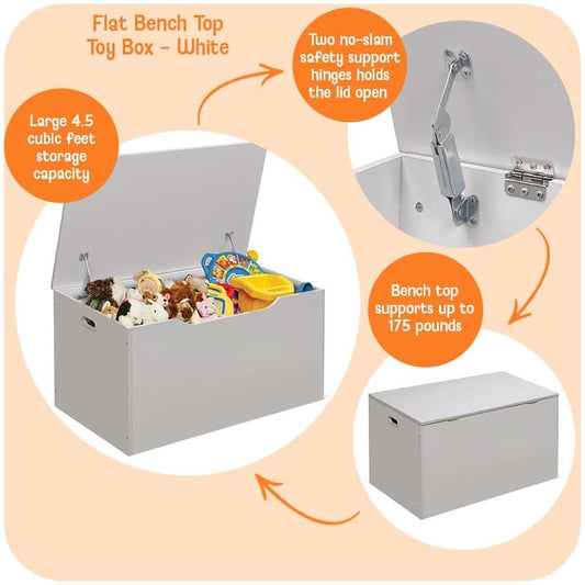 White Toy Storage Chest Bench FourCubicFeet FlipTopLid