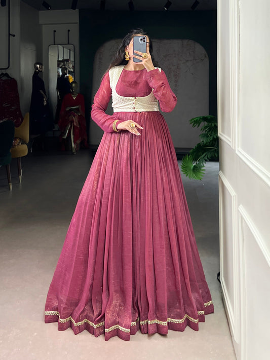 Lorenvalley Fashion Pink Silver Glosy Crunchy Lace Touch Up Gown with Koti