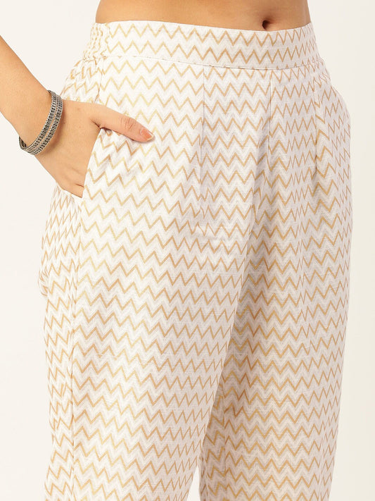 HERE&NOW Women Cream-Coloured Pleated Kurti with Trousers & With Dupatta