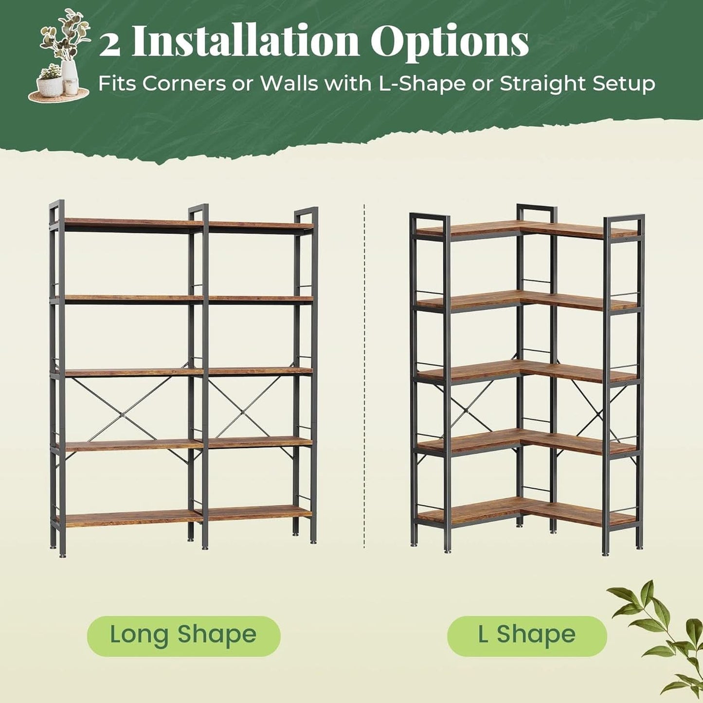 L Shaped Corner Bookshelf 49 Inch Rustic Brown Wood Metal Frame
