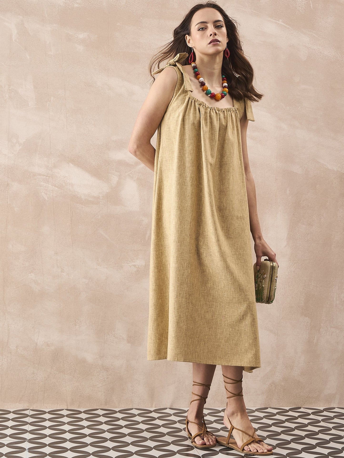 InWeave Dull Khaki Linen Pleat Bow Dress