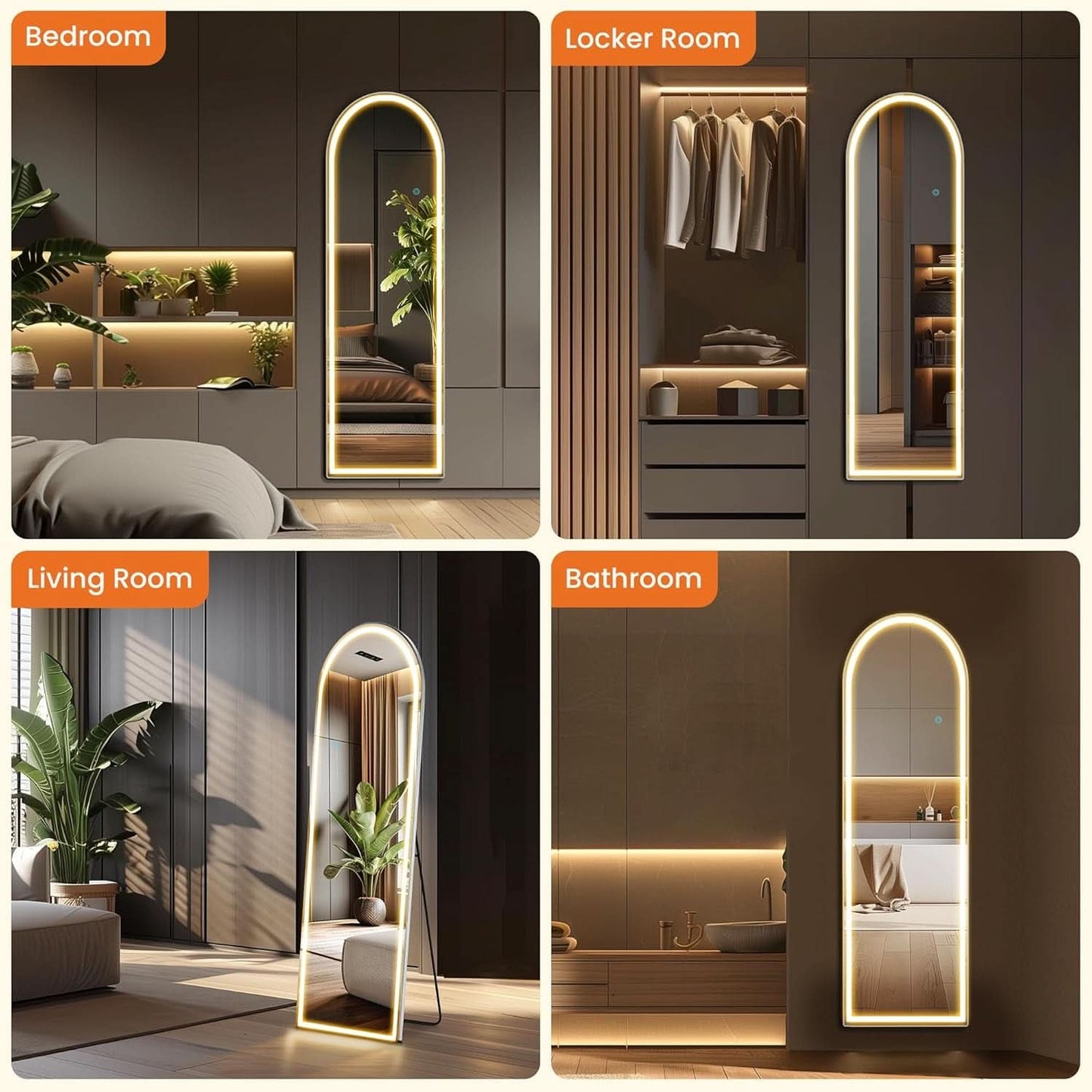 Arched Full Length LED Mirror 61x17 Inch Dimmable 3 Color Floor Stand