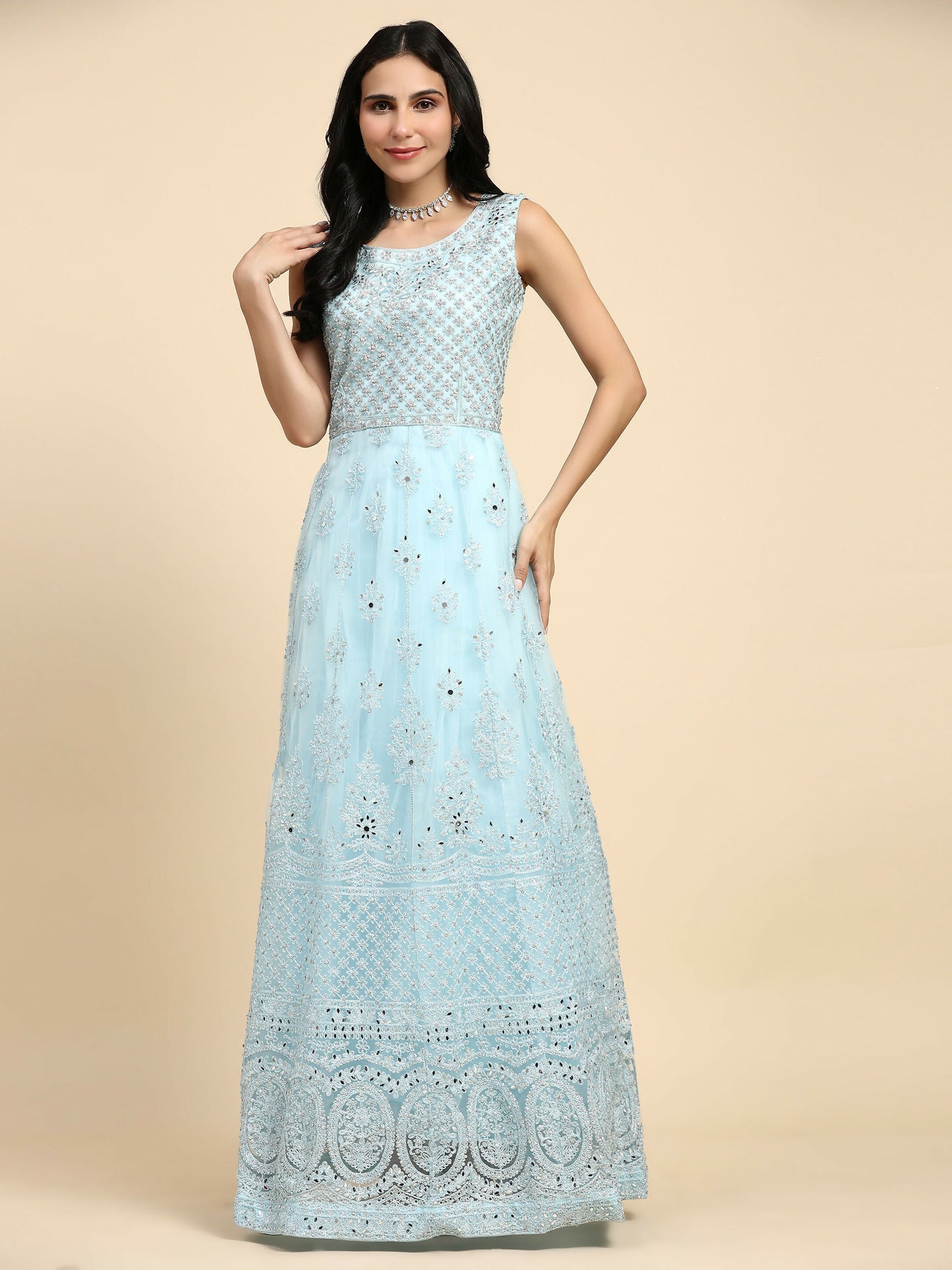 Blue Net Hand Embroidered Gown - Rudrani