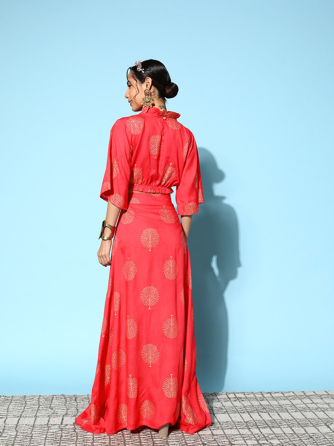 InWeave Women's Red Gold Printed Crop Top With Side Slit Skirt