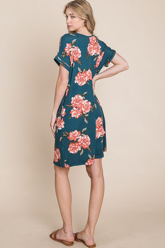 New Summer Floral Round Neck Short Tee Dress with Pockets For Women – Casual and Comfortable Floral Tee Dress with Pockets for Everyday Wear