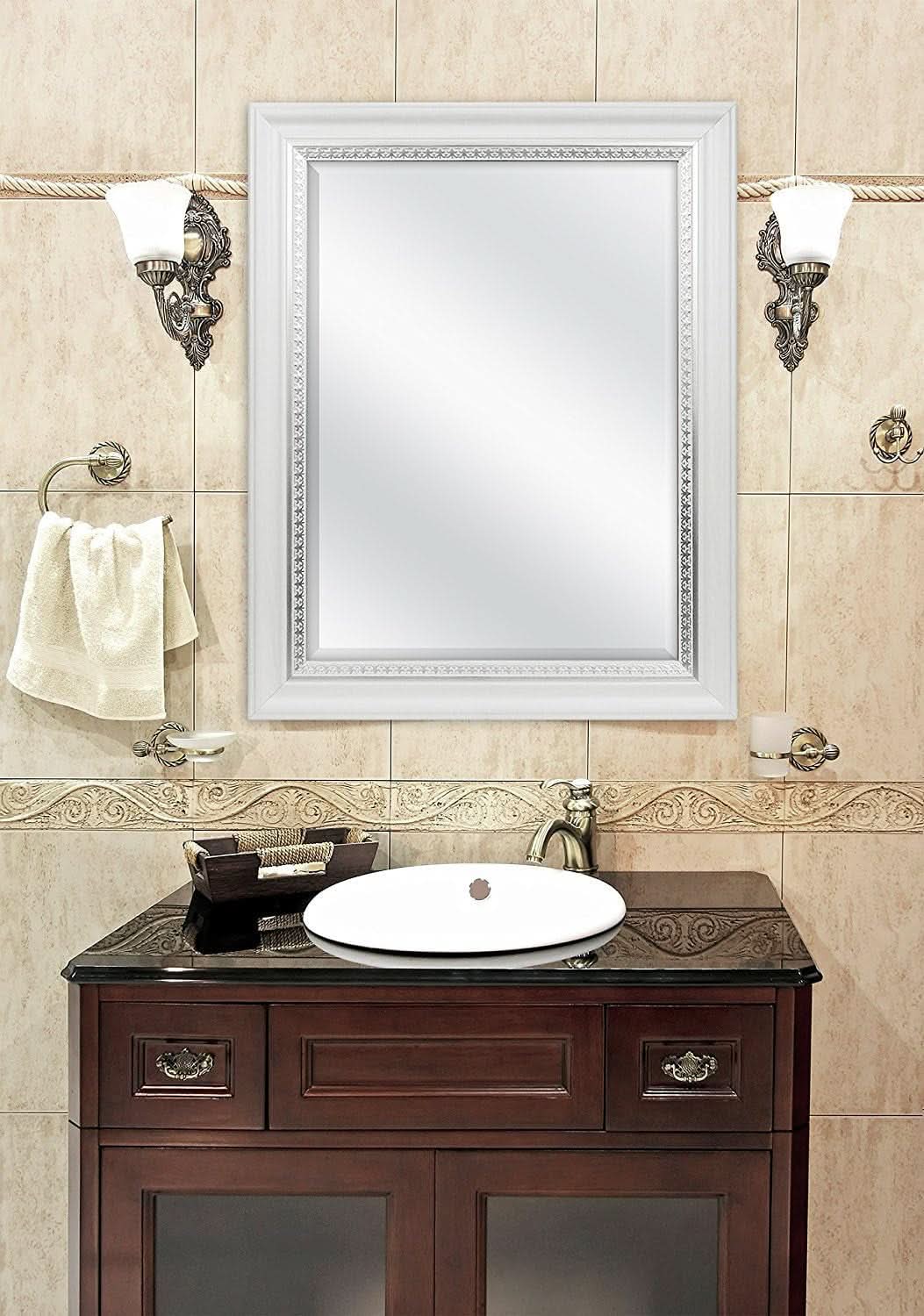 23x29 White Woodgrain Wall Mirror With Beveled Edge