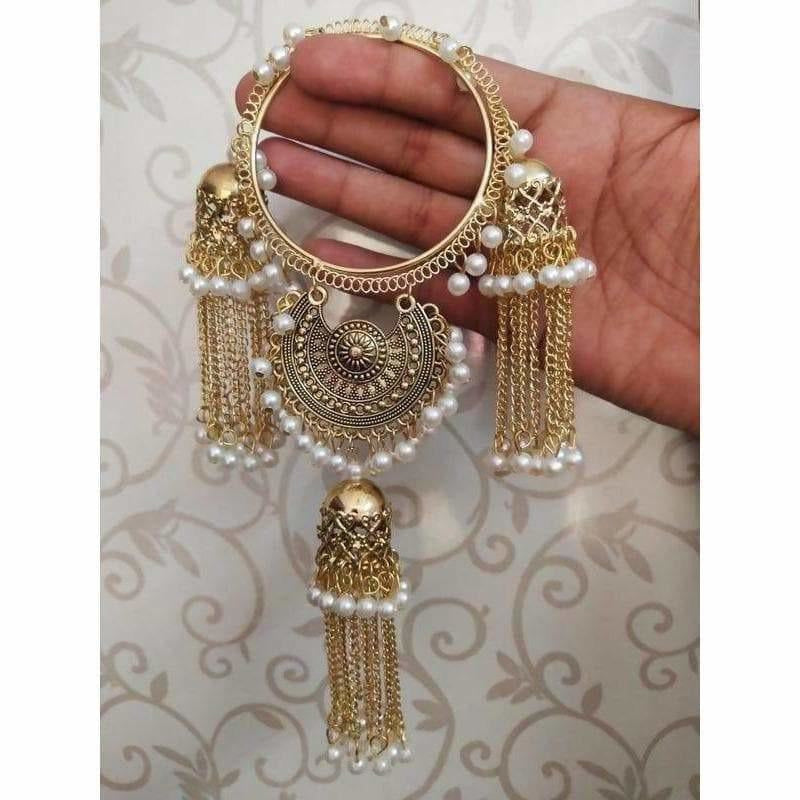 MS Fashion India Gold Color Jhumkas With White Pearls Hanging Bangles