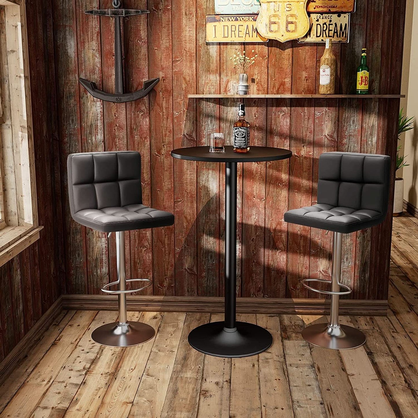 Black PU Leather Adjustable Swivel Bar Stools Set Of 2
