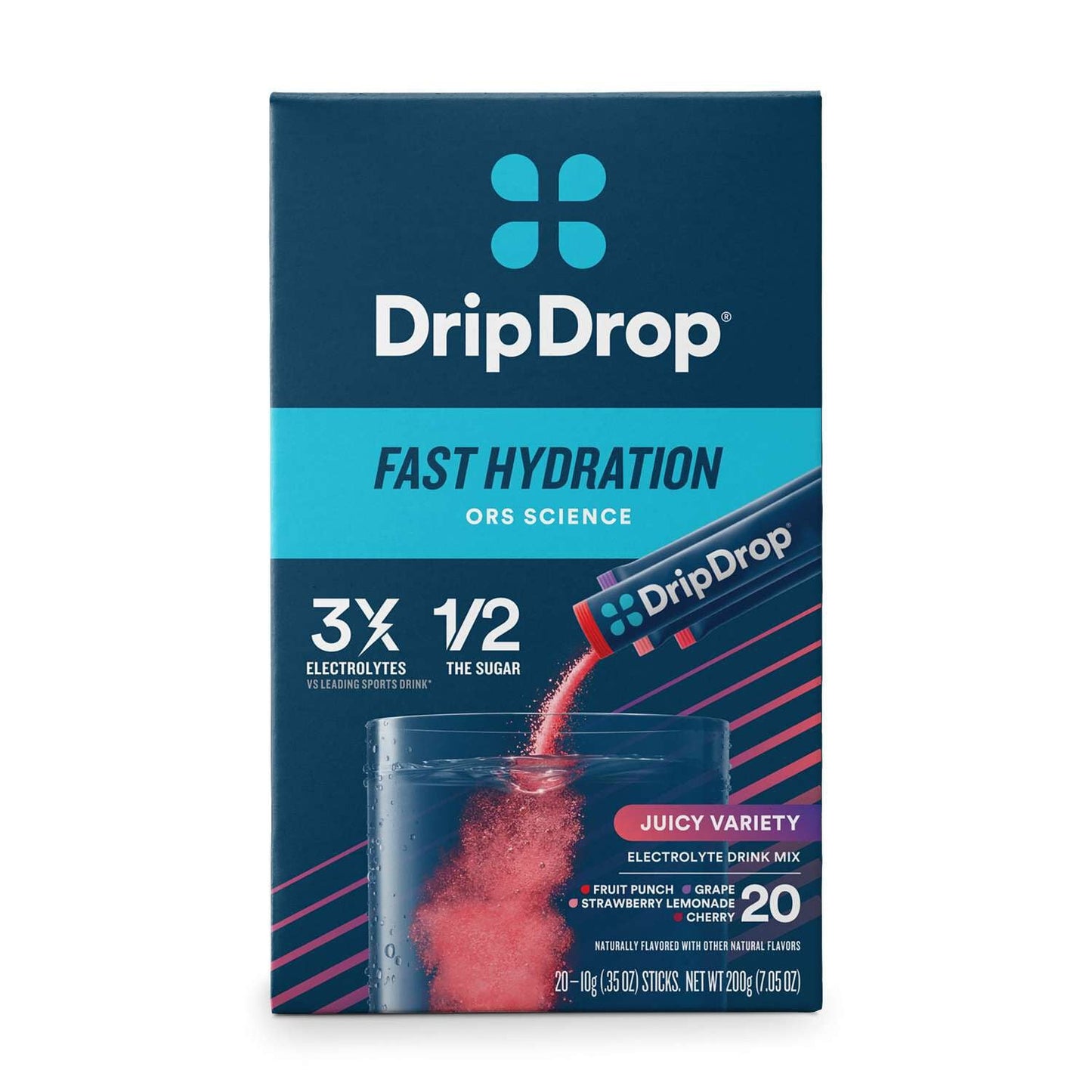 DripDrop Electrolyte Drink Mix, Juicy Variety 4 Flavors, 20 Stick Packets