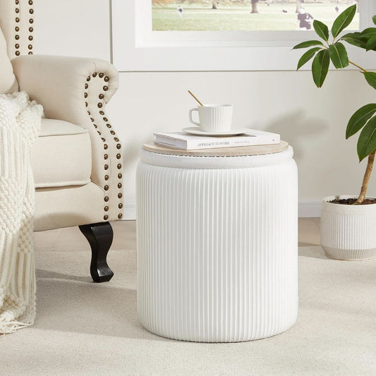 Compact Round Velvet Storage Ottoman TwoPack White
