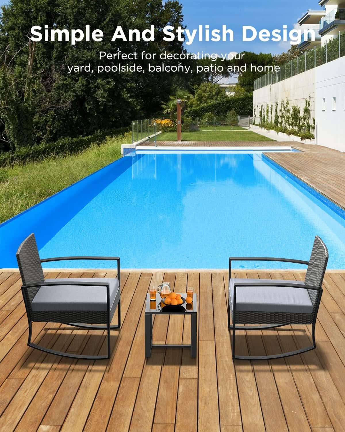 3 Piece Rattan Rocking Bistro Set With Coffee Table Outdoor Patio Furniture Grey Cushions