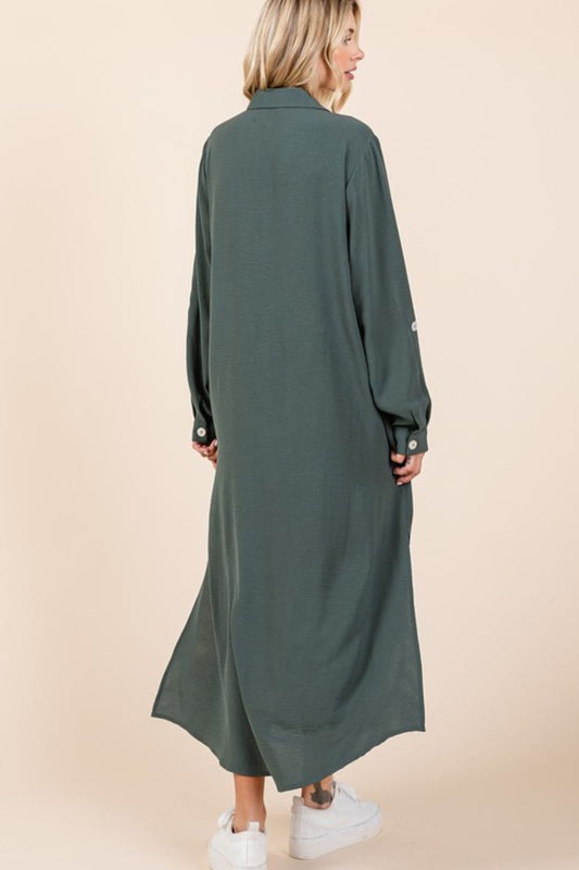 Airflow V-Neck Long Sleeve Button Down Maxi Dress For Women, Casual, Elegant and Versatile Maxi Dress with Button Detail and Slit for Effortless Style