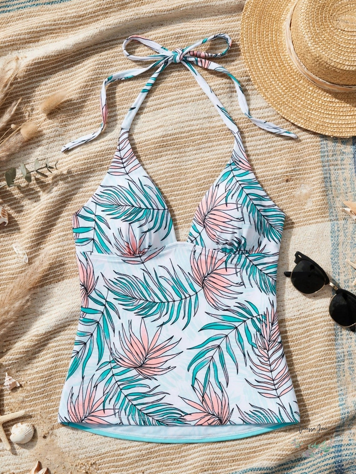 Salt + Cove Womens Printed Removable Cups V Neck Tie Halter Tankini