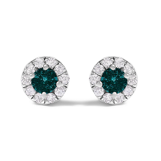 .925 Sterling Silver 1/3 Cttw White and Blue Diamond Halo Stud Earring