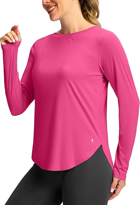 Soothfeel Women's Long Sleeve Cotton Workout Shirt Thumb Hole Sonic Pink Size XL