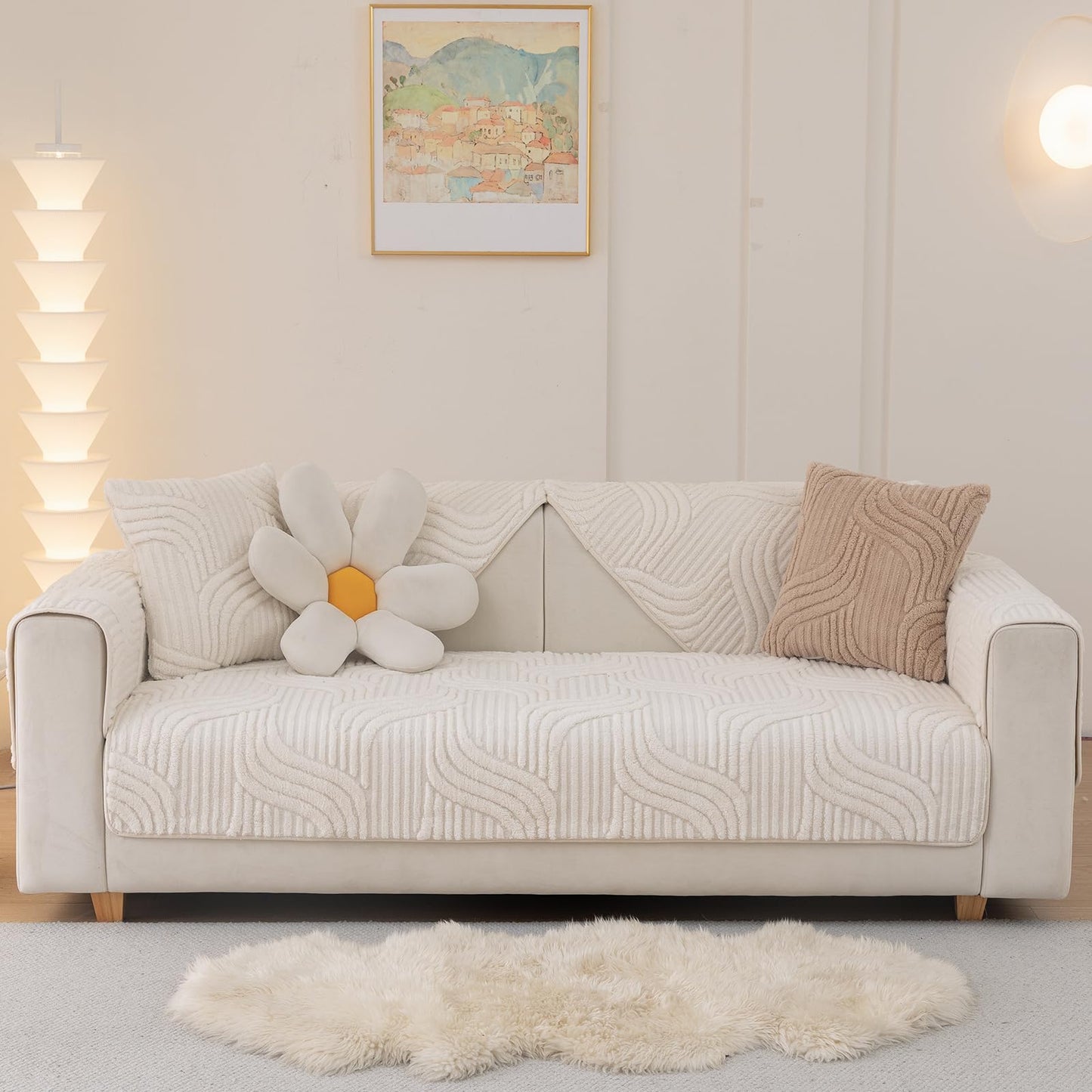 Aucrovee Plush Non Slip Sofa Cover 3 Cushion 36x63 White 1 PCS
