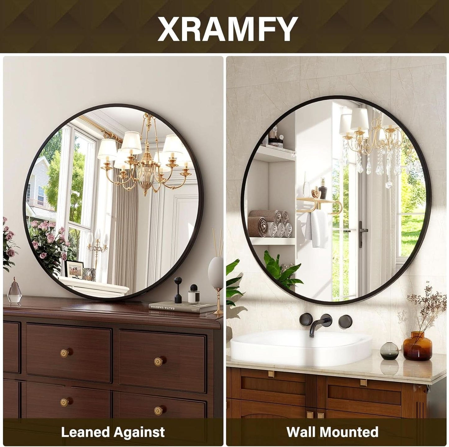 24 Inch Matte Black Round Wall Mirror For Bathroom Vanity And Living Room Decor