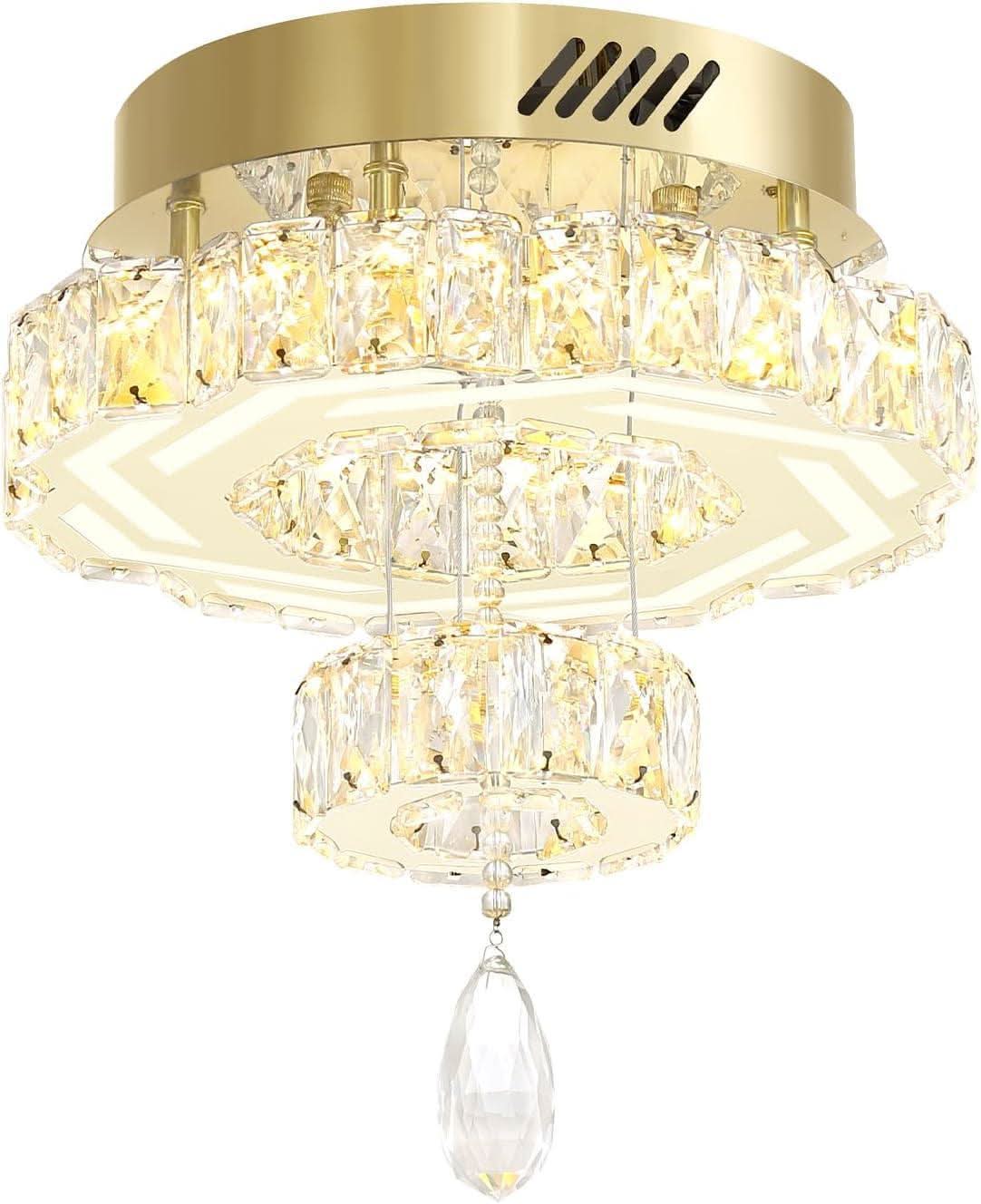 Gold Crystal Chandelier 12 Inch Dimmable Flush Mount