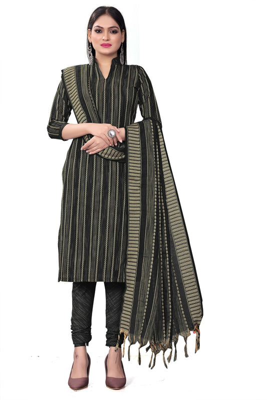 Black Cotton Jacquard Woven Unstitched Dress Material - Tanvi