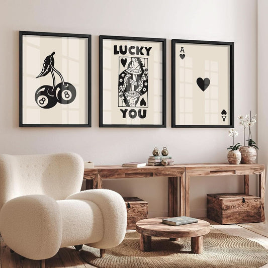 Poker Wall Art Set Queen Of Hearts Framed Retro Prints