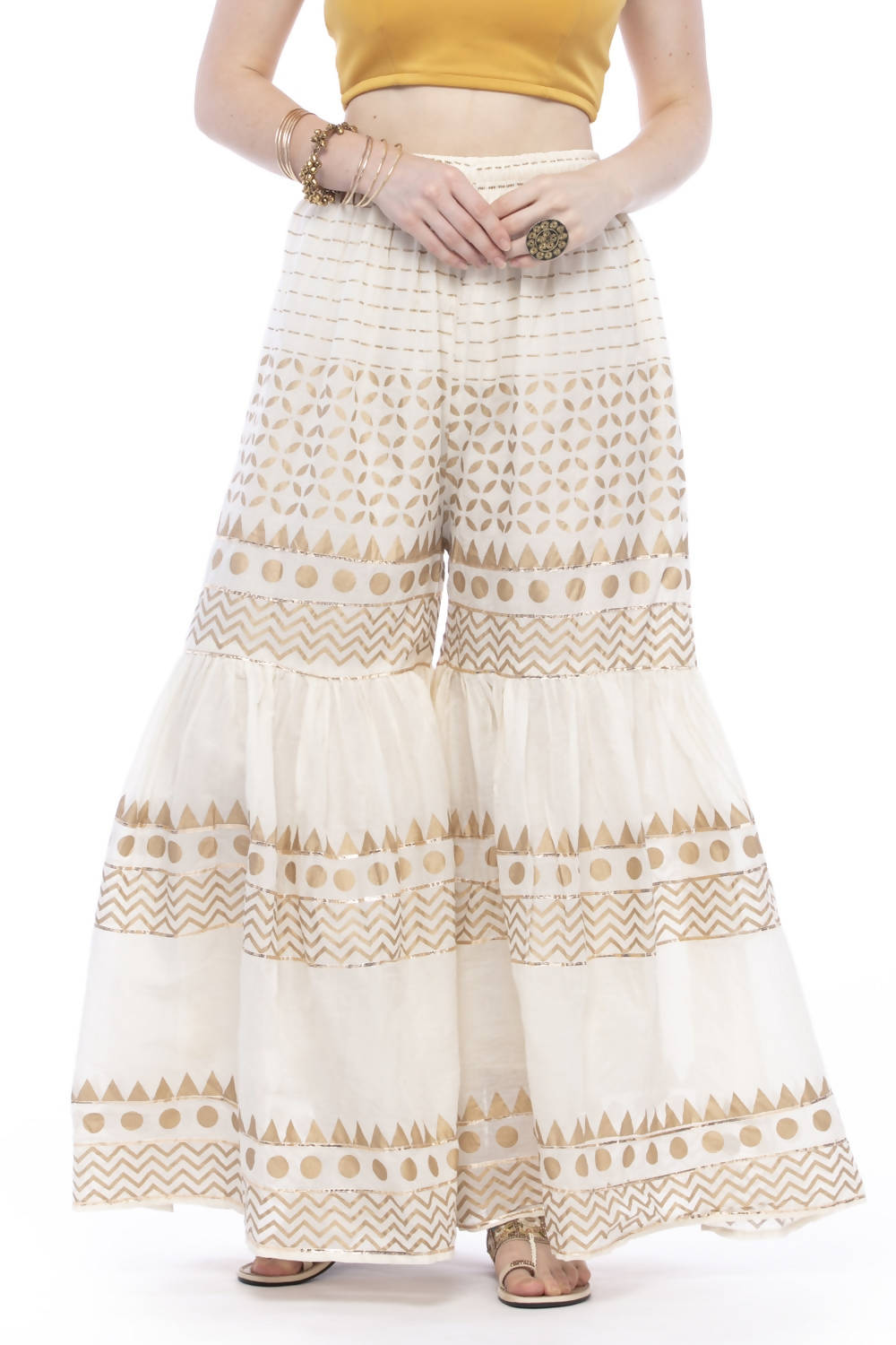 Mominos Fashion Cotton Off White Gold Print With Gota Sharara
