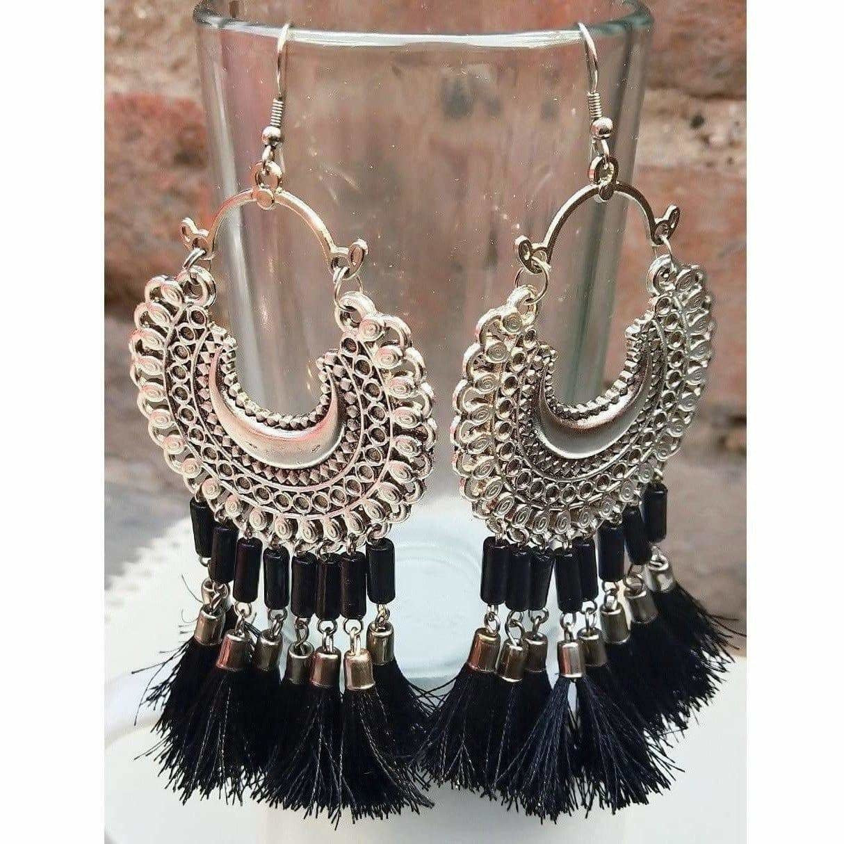 MS Fashion India Chandbali Black Glass Black Pearls And Hanging Silk Threads Earrings