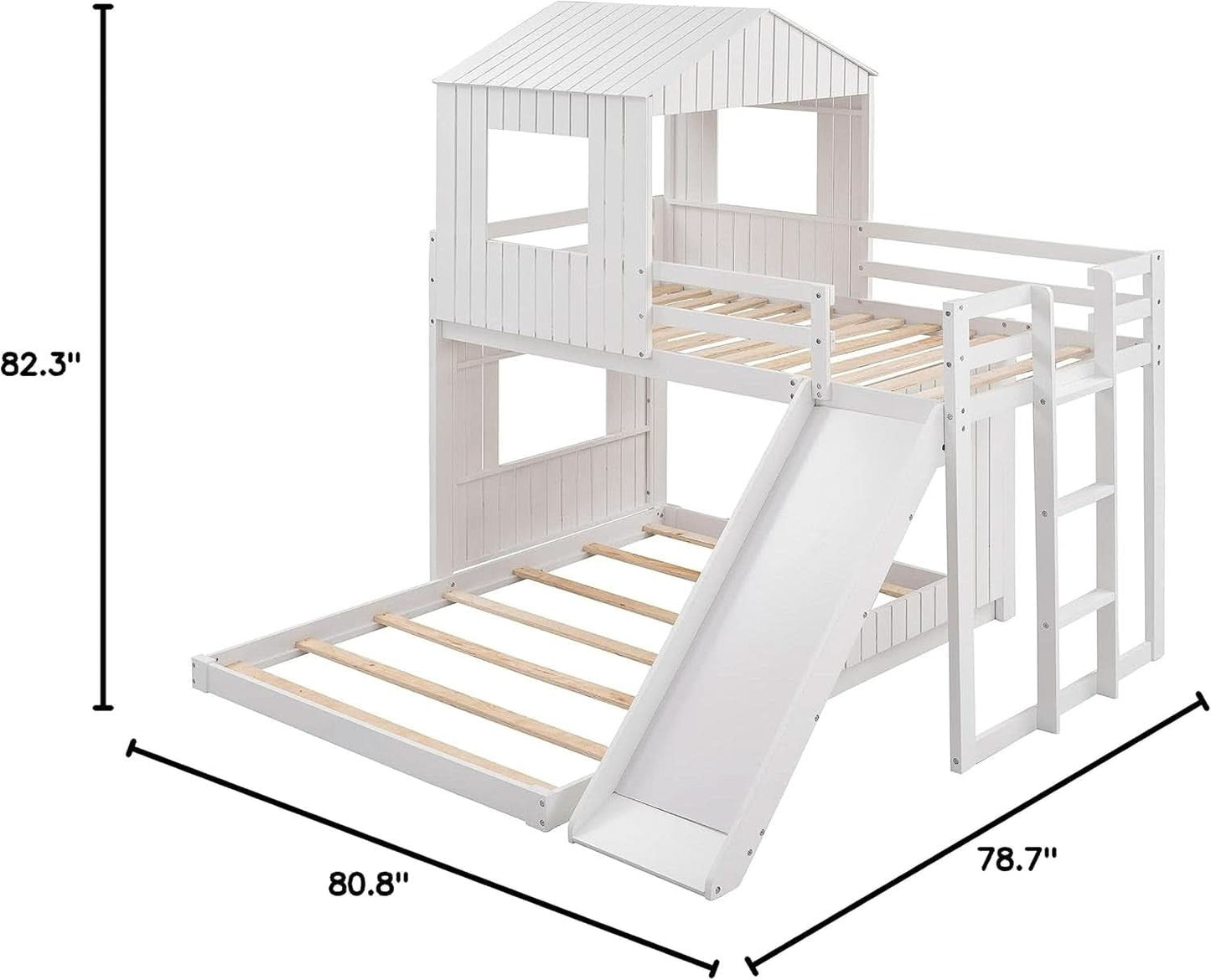 Twin Over Full Bunk Bed With Slide With Guardrails White