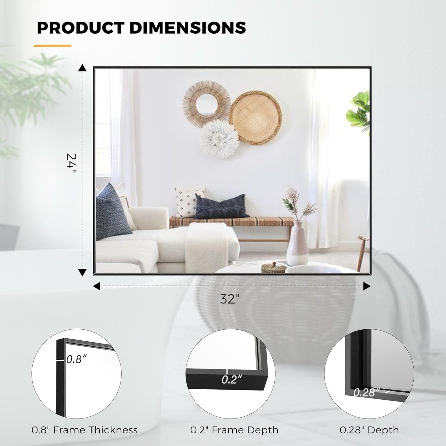 24X32 Inch Black Aluminum Frame Wall Mirror For Bathroom Vanity Horizontal Or Vertical Mount