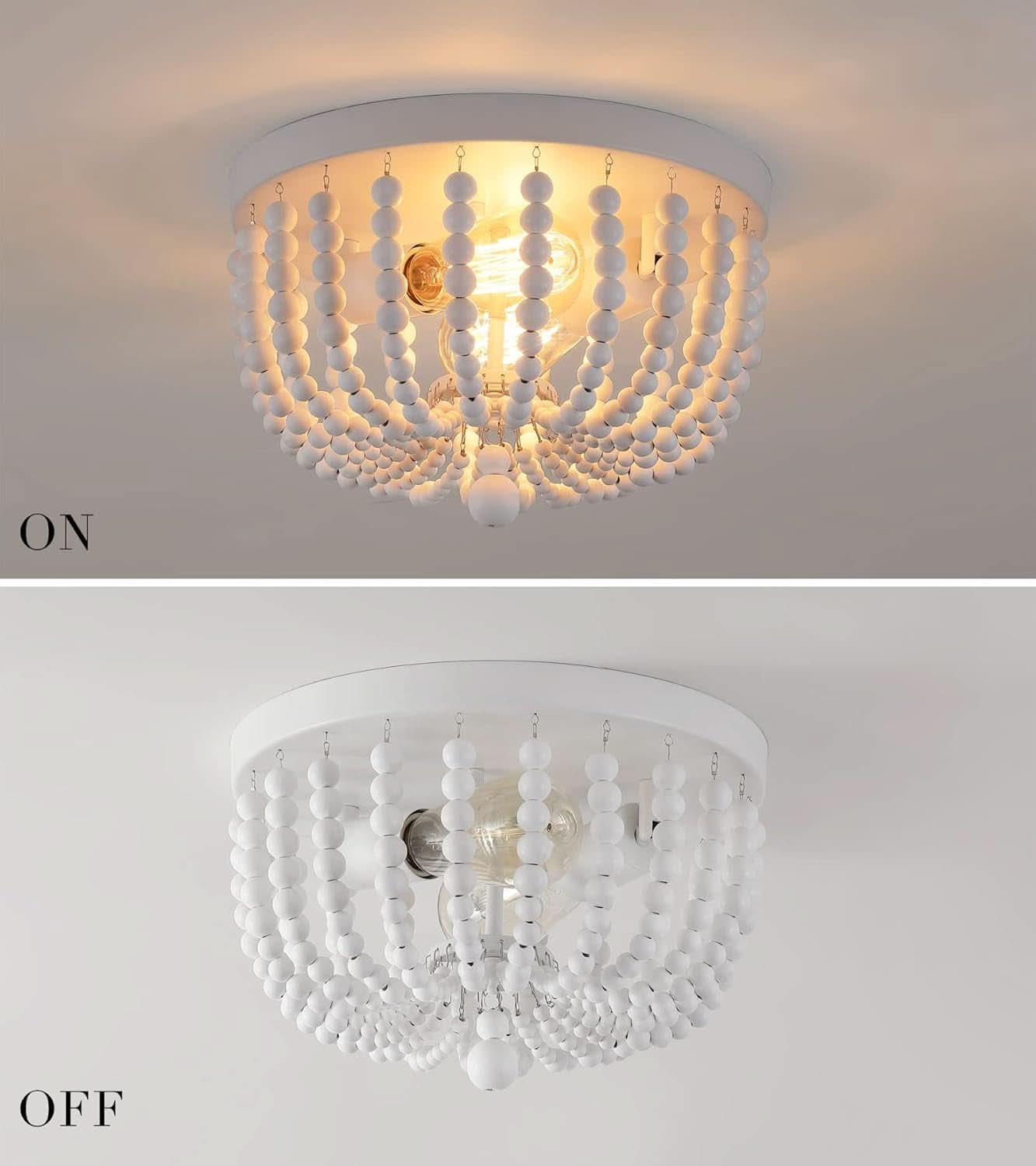 Two Light White Wood Beaded Boho Flush Mount Chandelier For Nursery And Bedroom Decor