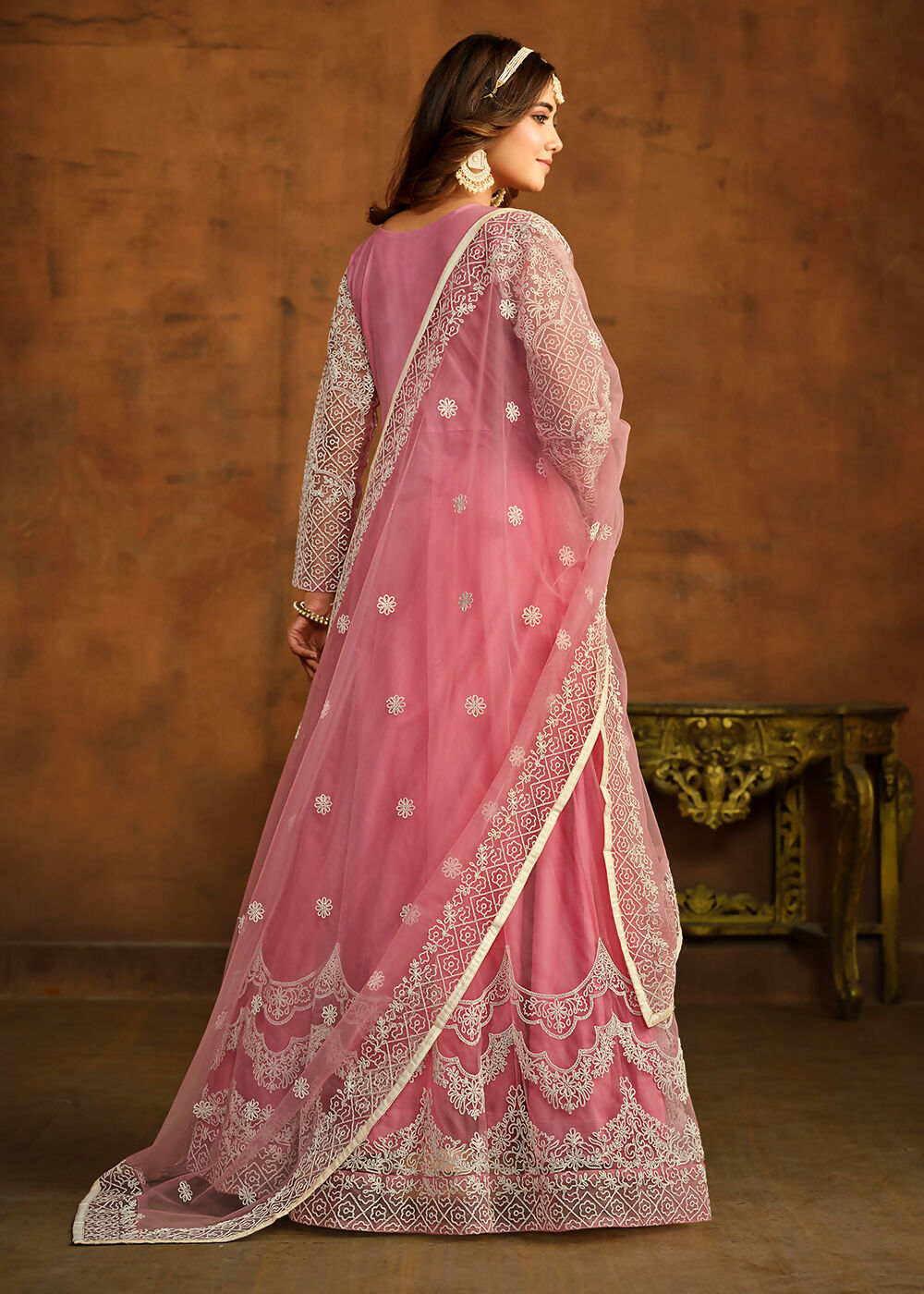 Pink All Over Embroidered Net Wedding Anarkali Suit - Emponline