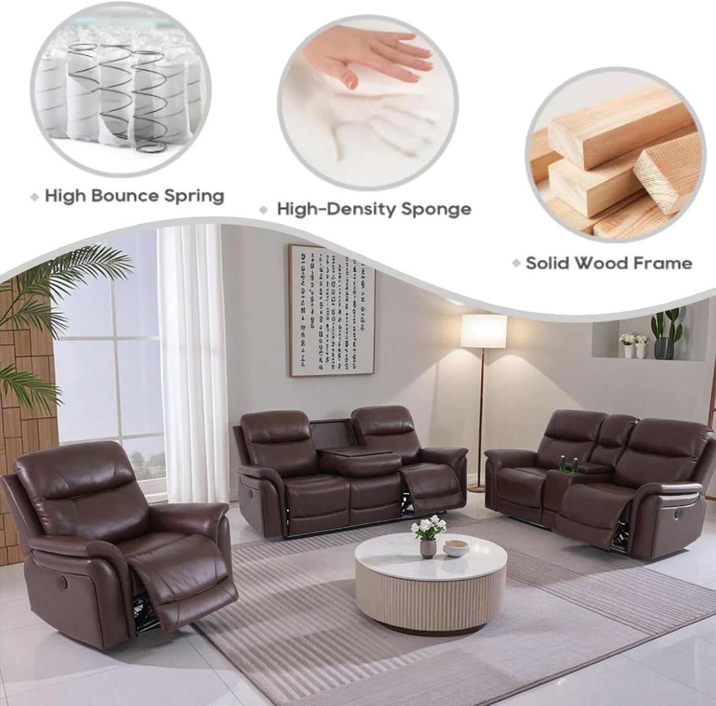 Power Recliner Sofa Set With LED Leather 3 Piece Brown Living Room
