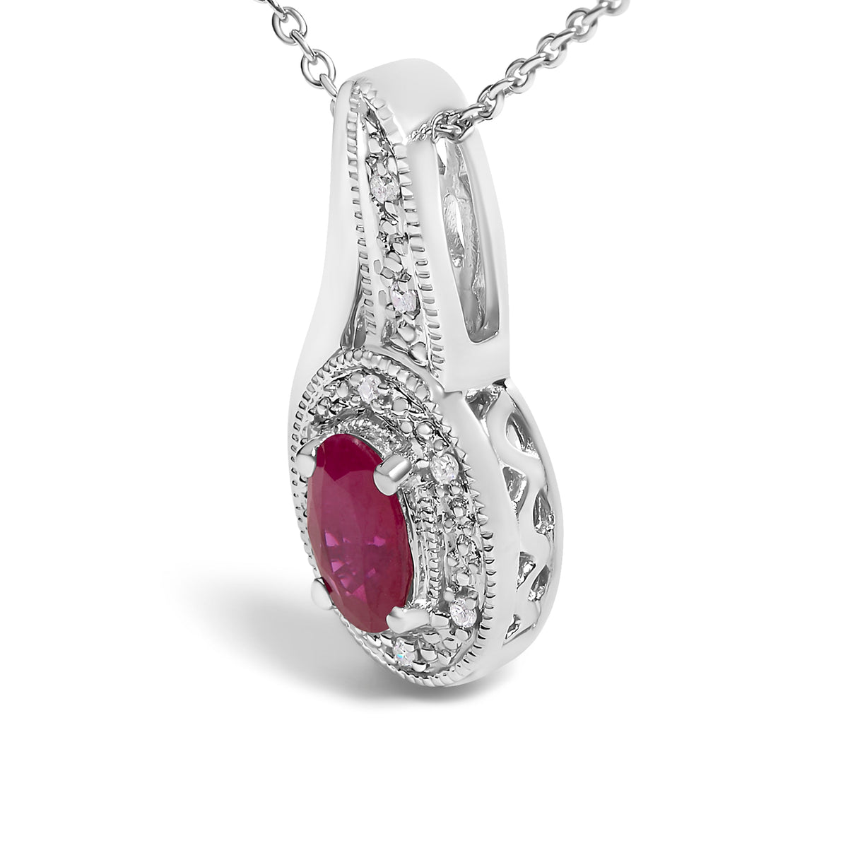 .925 Sterling Silver Red Ruby and Diamond Accent Milgrain Swirl Pendant Necklace - 18" Inches