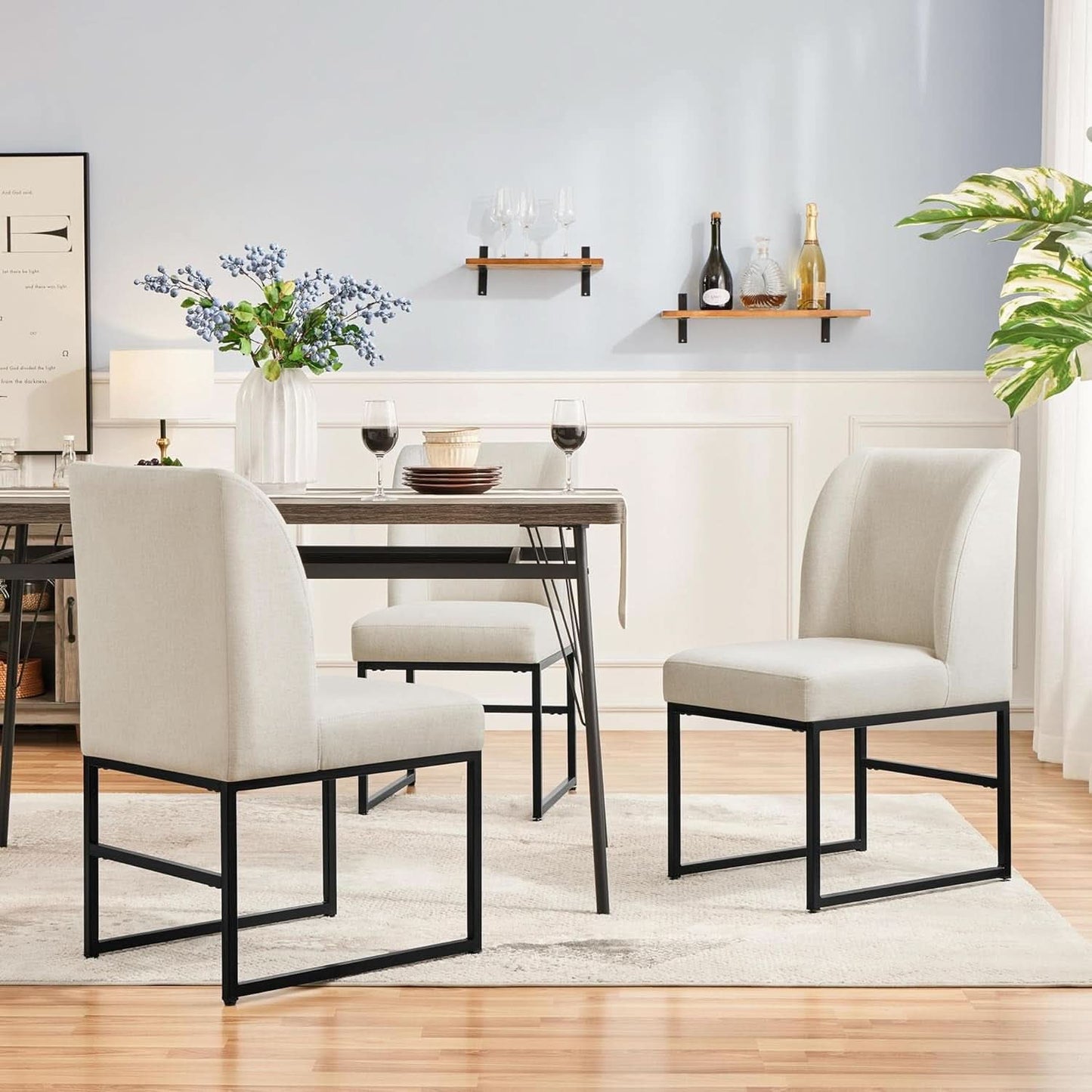 Beige Upholstered Dining Chairs Mid Back With Metal Legs 2