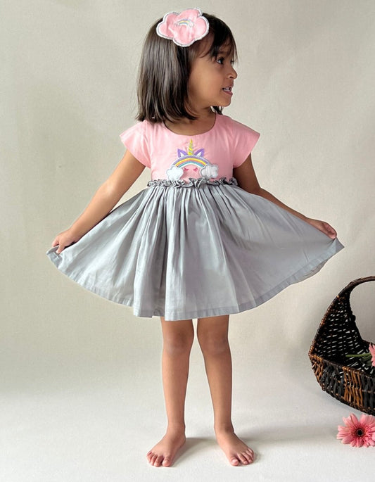 ArthLife Peach And Grey Unicorn Embroidered Dress