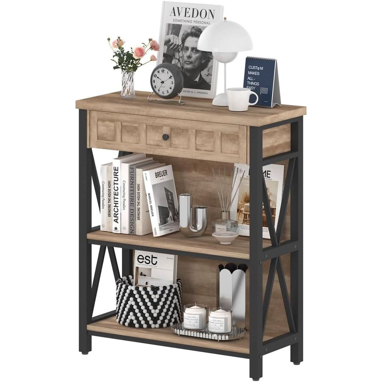 Rustic Oak 3 Tier Bookshelf With Drawer Industrial Wood And Metal Bookcase