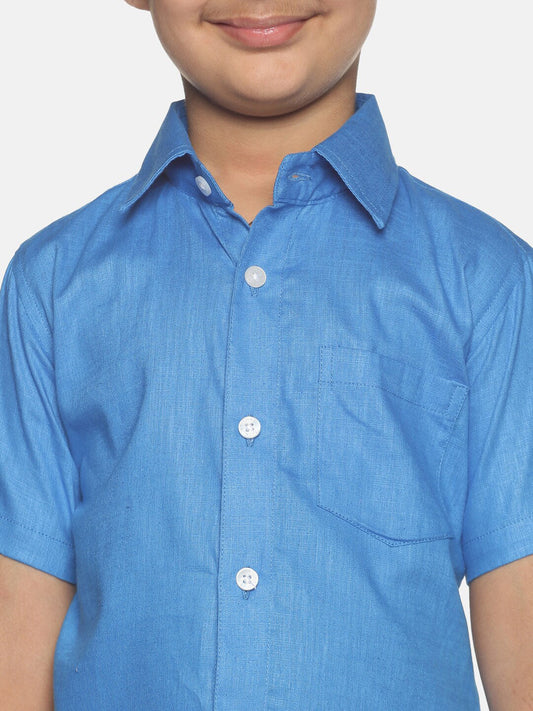 Sethukrishna Blue & White Solid Shirt with Veshti Set For Boys