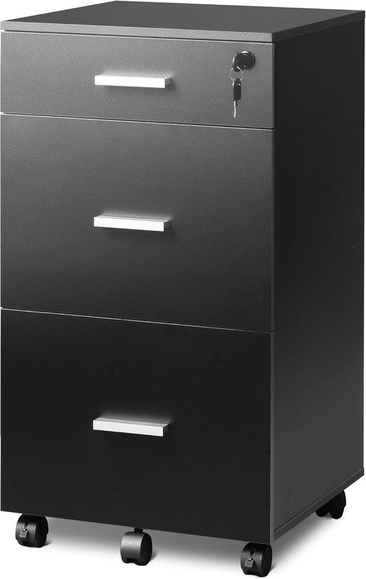 Black 3-Drawer Locking Rolling File Cabinet for Home Office