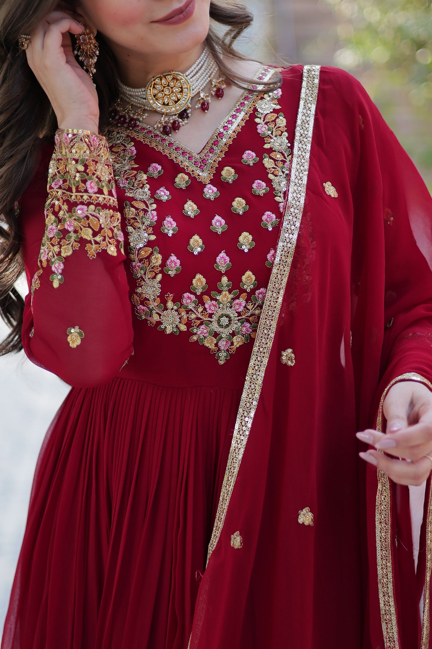 Vedant Vastram Heavy Embroidery & Sequins Work Pure Georgette Gown With Dupatta - Maroon