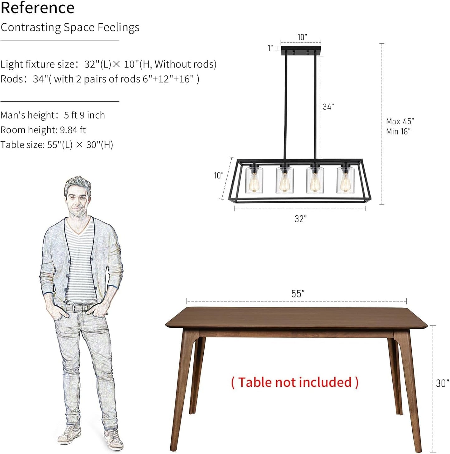Black Farmhouse Linear Chandelier 4 Light For Dining Room