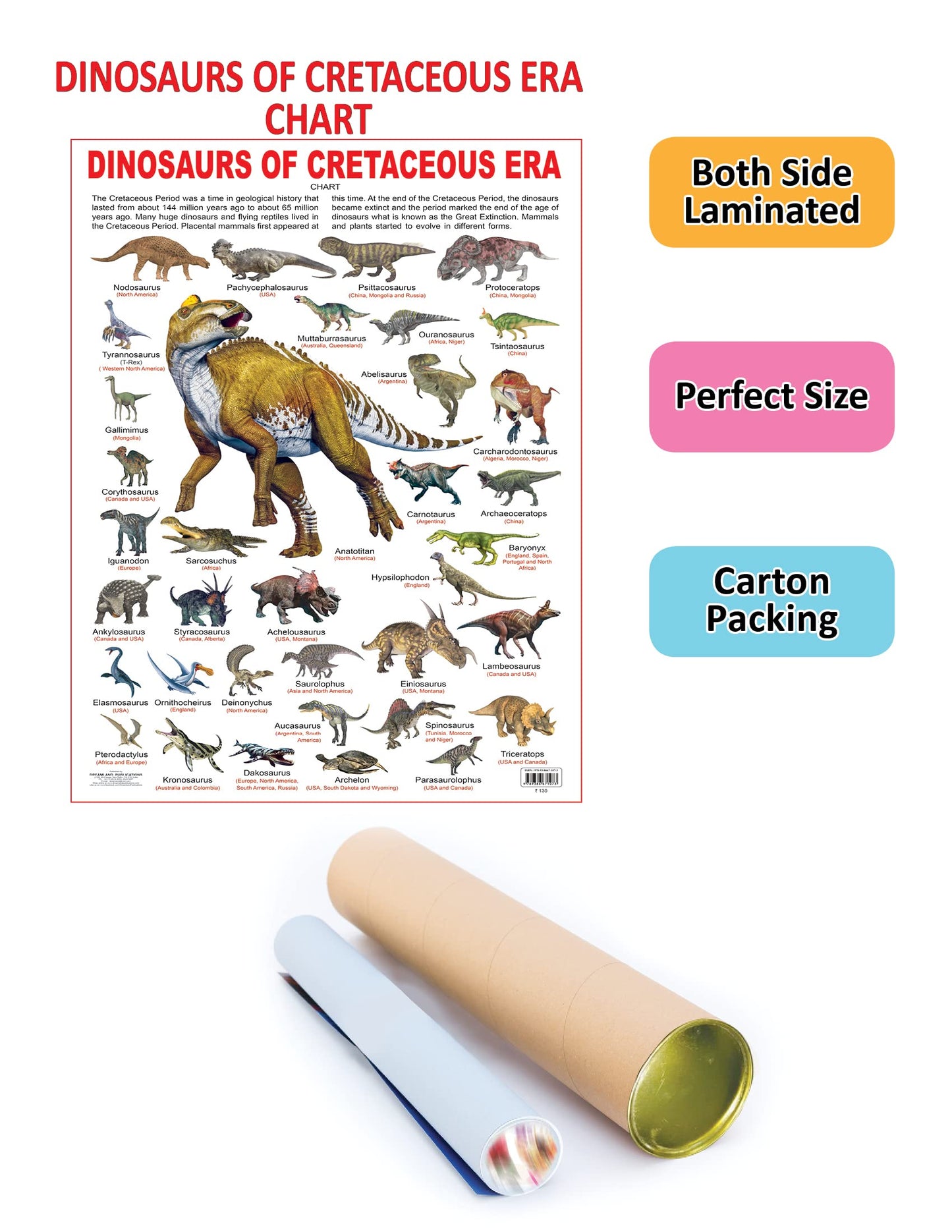 Dreamland Publications Educational Chart for Kids - Dinosaurs of Cretaceous Era