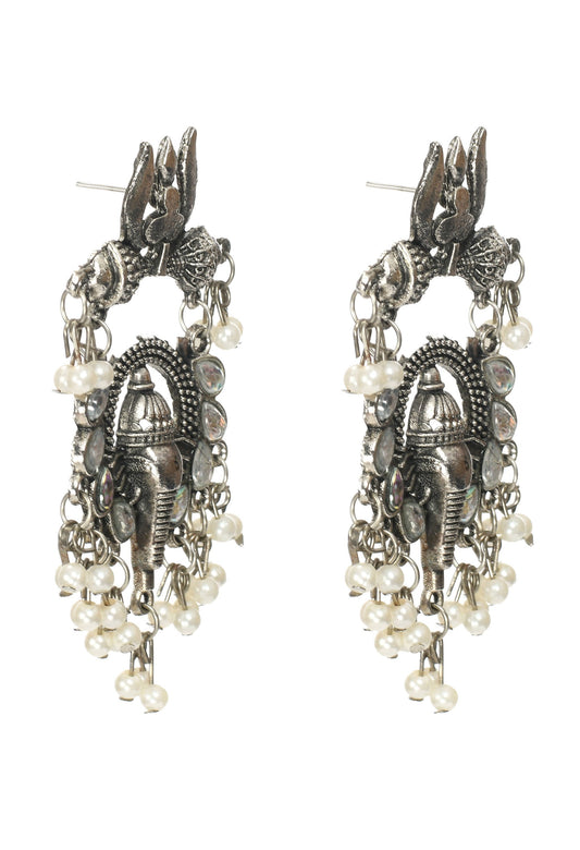 Mominos Fashion Johar Kamal Ganesh Design Silver Color Earrings