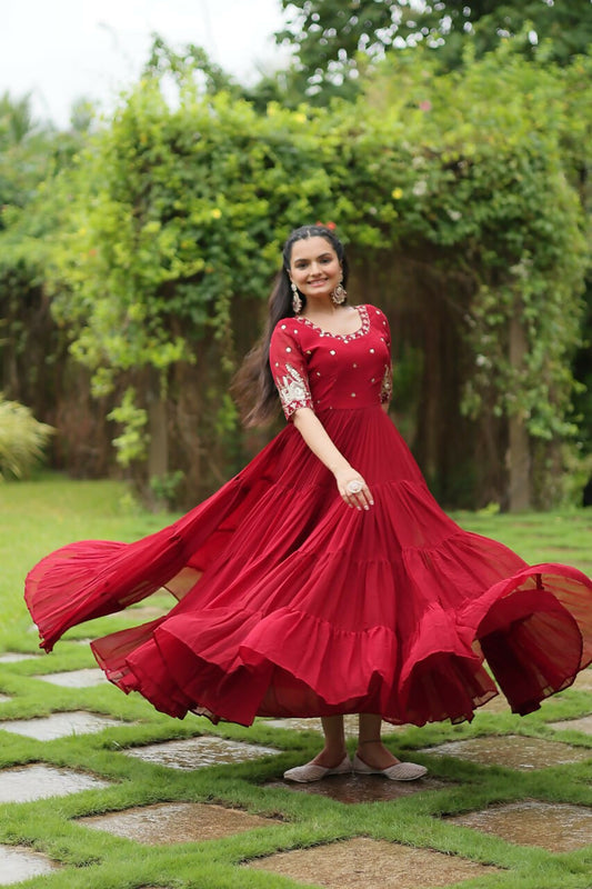 Vastranavya Premium Designer Faux Blooming with Embroidery Zari Sequins work Gown - Red