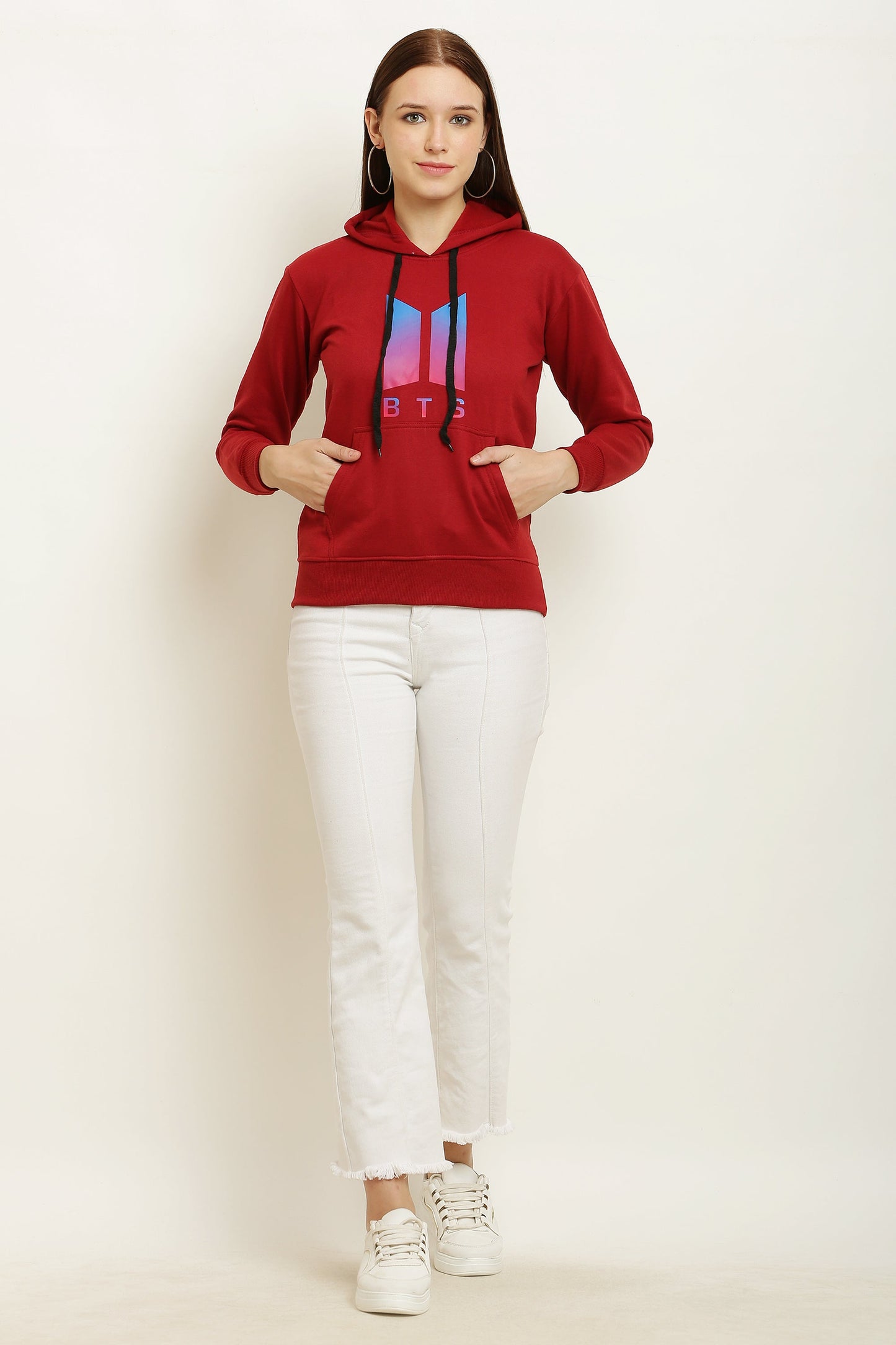 PAVONINE Red Color Bts-Design Pullover Hoodie Sweatshirt For Girls